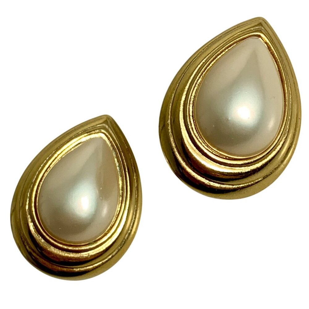 Vintage Marvella Gold-Tone Teardrop Clip-On Earrings With Faux Pearl Center